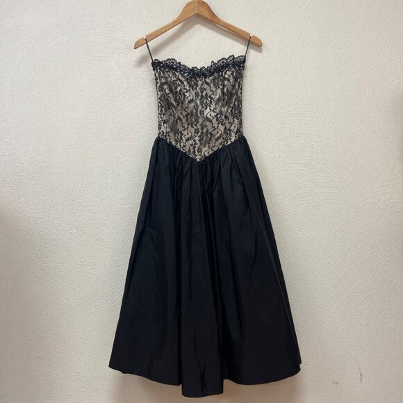Vtg 80's Gunne Sax Jessica McClintock Black Taffeta Lace Strapless Dress sz 7 - Picture 1 of 8